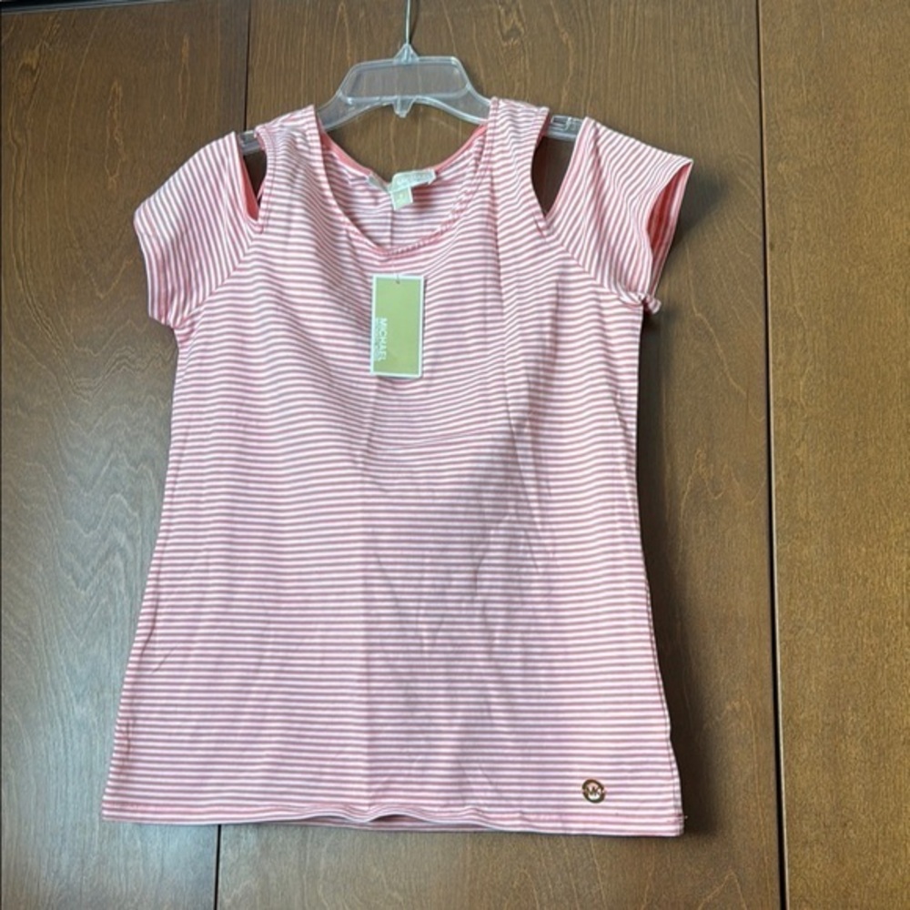 Michael Michael Kors Grapefruit Pink Striped Cold  Shoulder Top NWT Sz S Ret $60